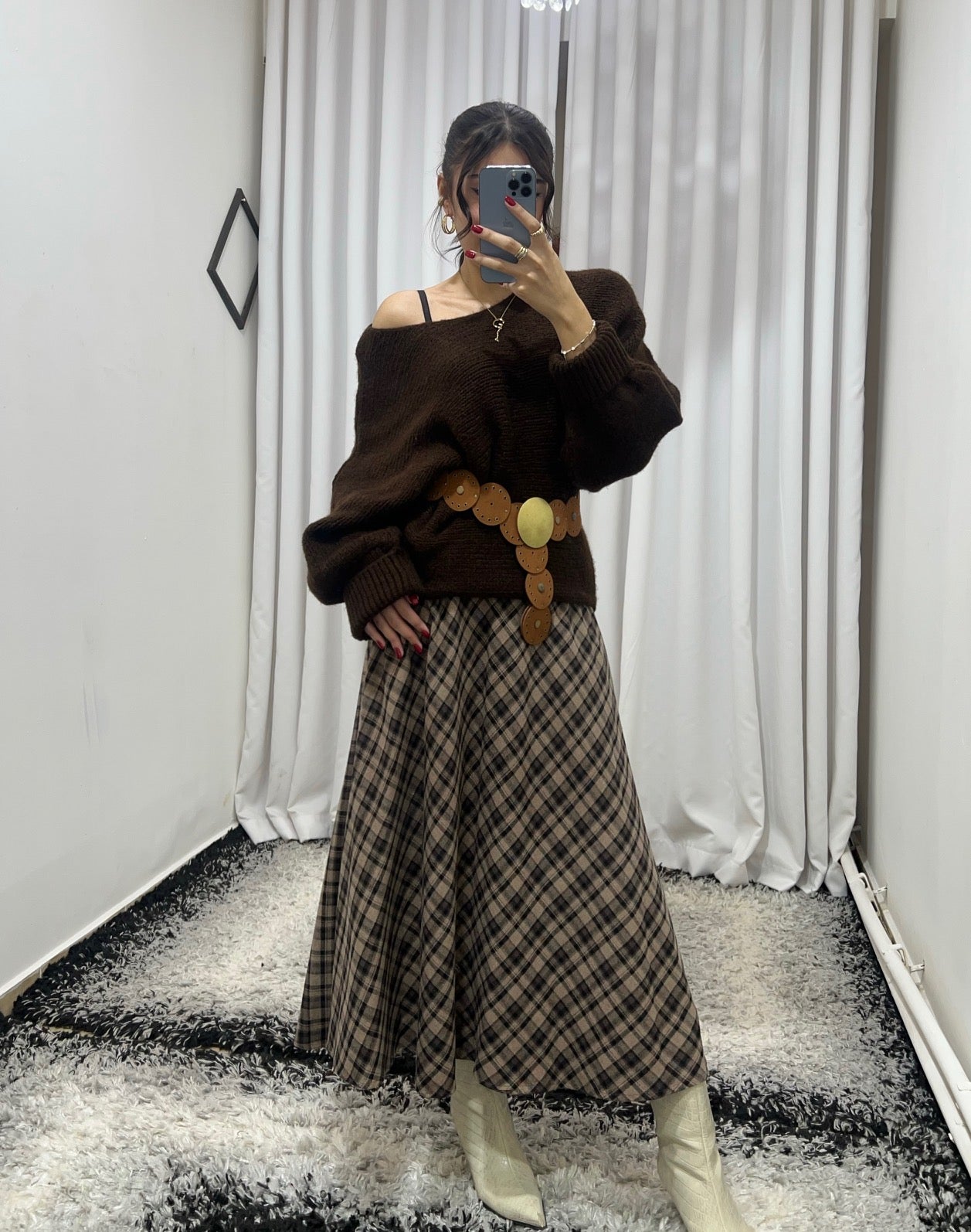 Kloş Kesim Kahve Ekose Desenli Uzun Etek