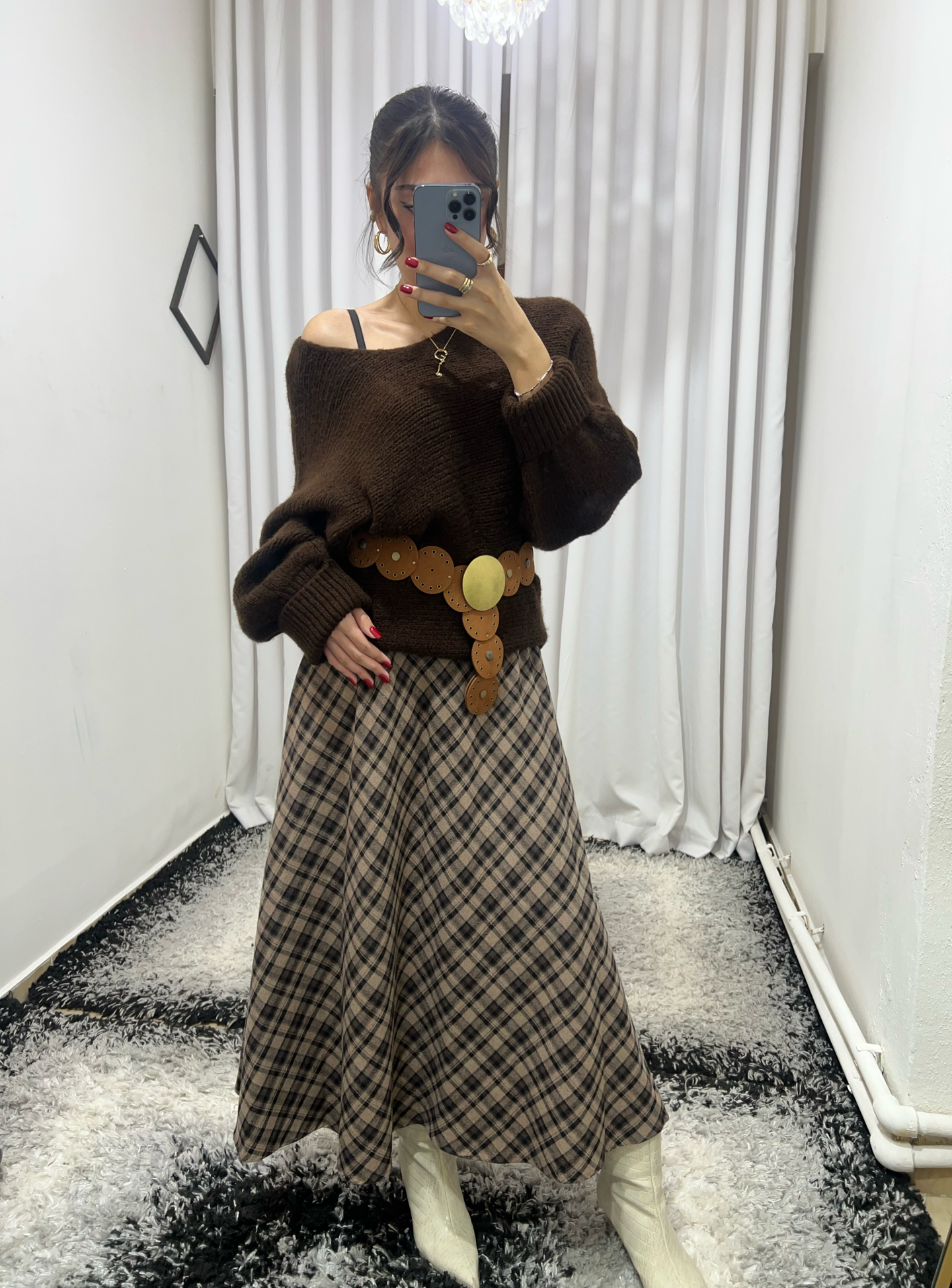 Kloş Kesim Kahve Ekose Desenli Uzun Etek