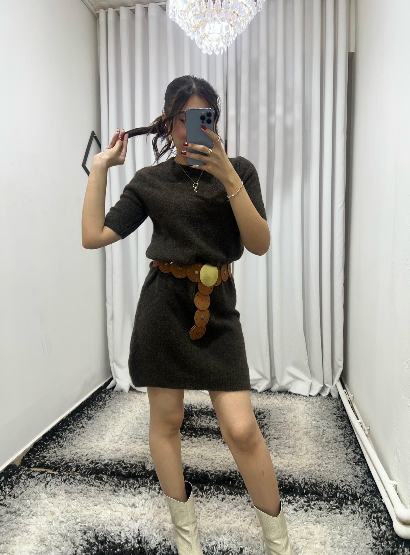 Soft Dokulu Acı Kahve Yün Elbise