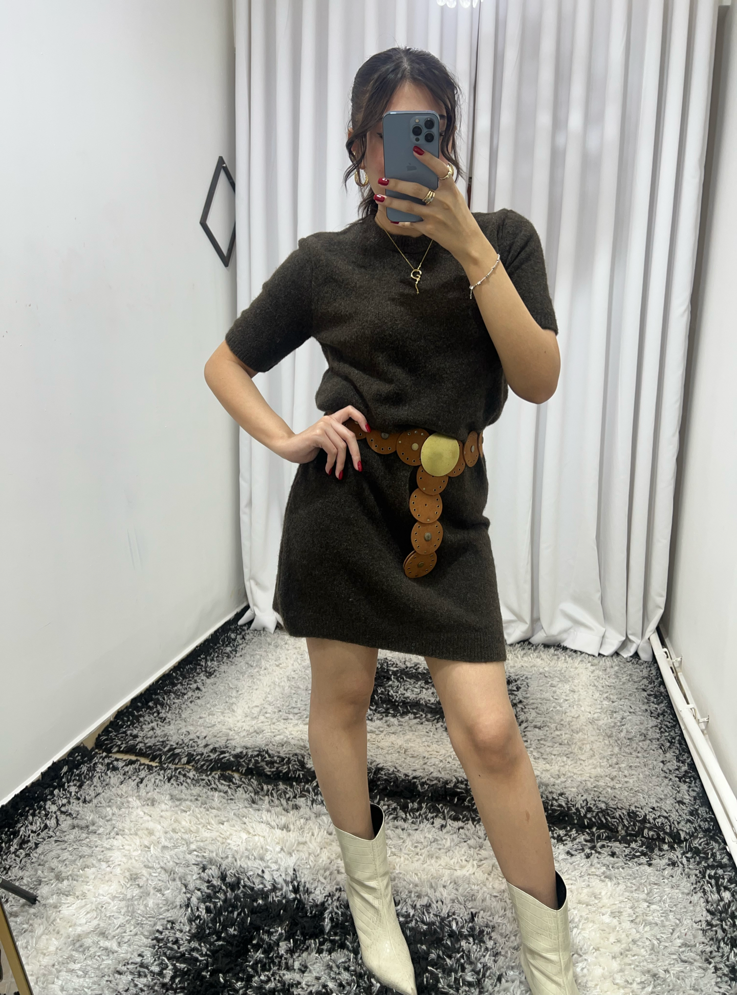 Soft Dokulu Acı Kahve Yün Elbise