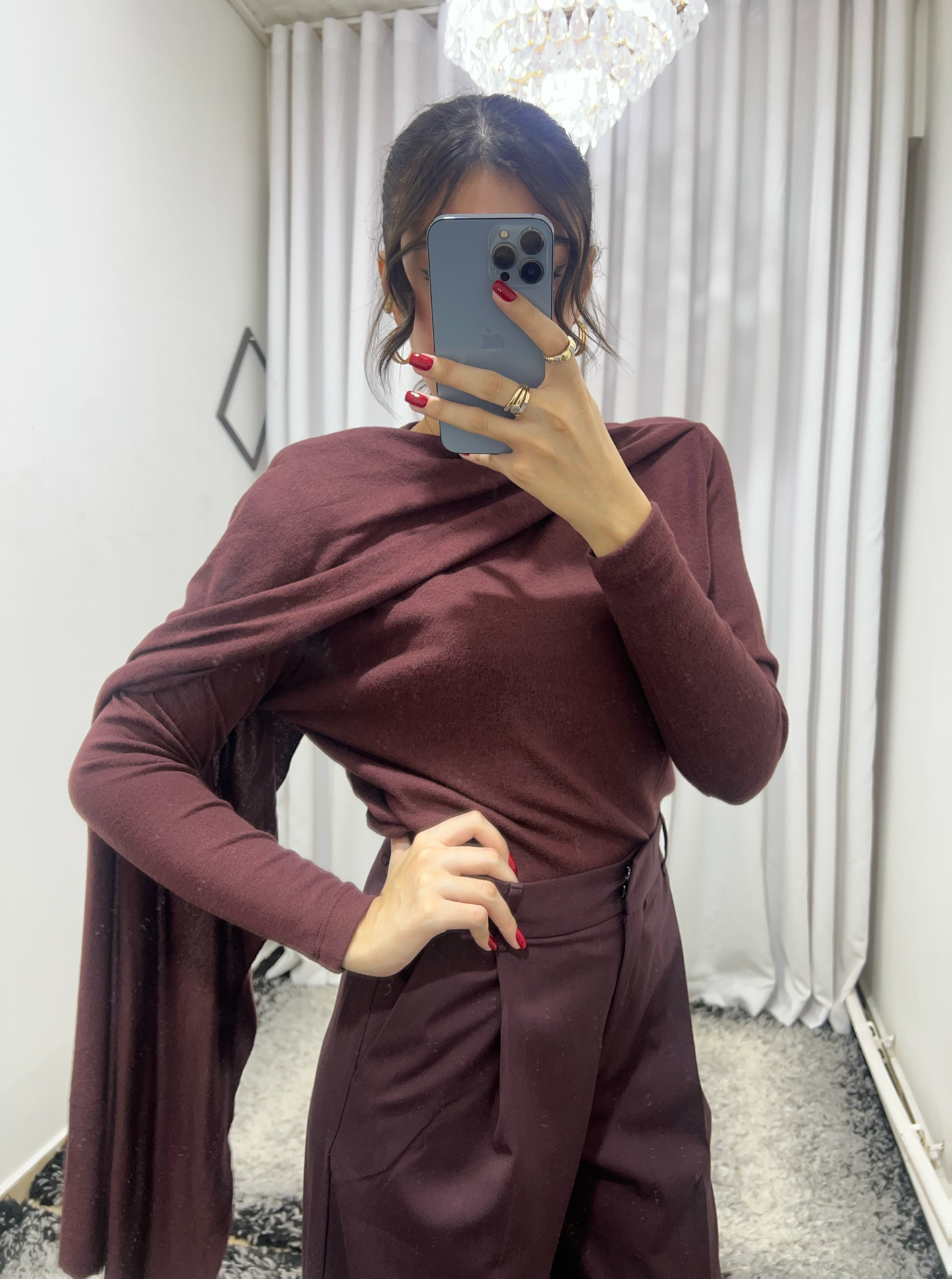 Şal Detaylı Drapeli Bordo Bluz