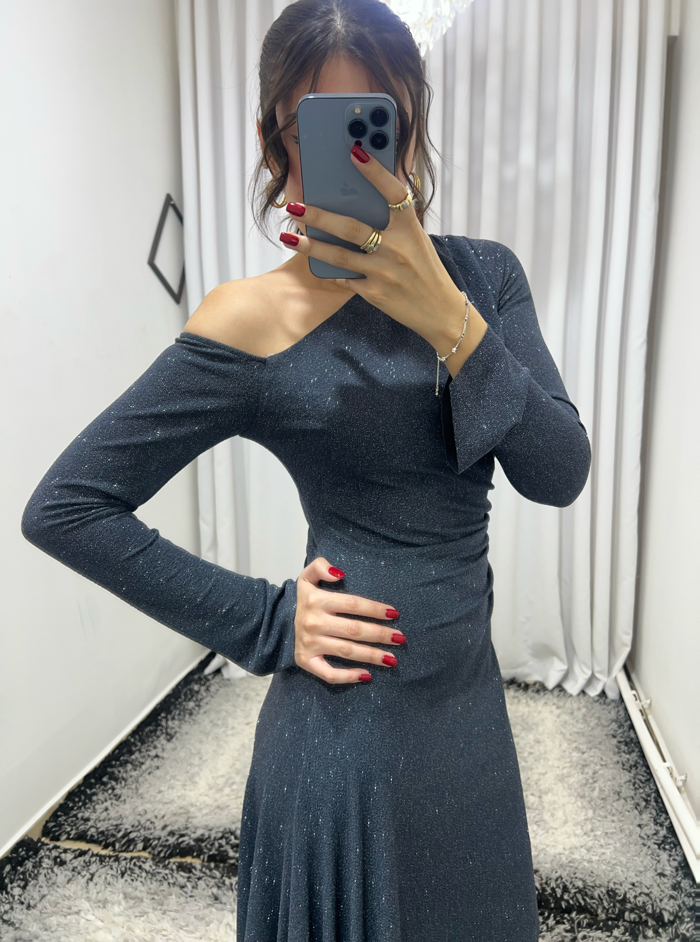 Simli Tek Omuz Asimetrik Elbise